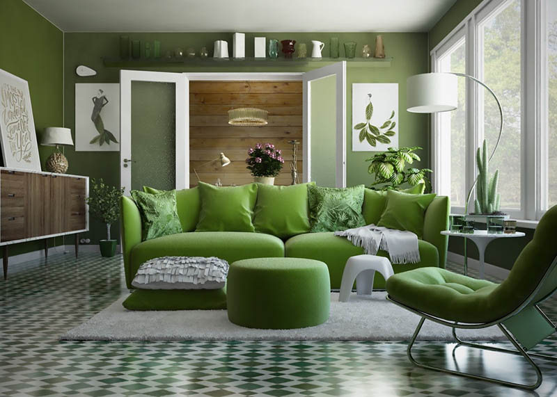 Ý tưởng thiết kế phòng khách màu xanh lá cây sáng tạo